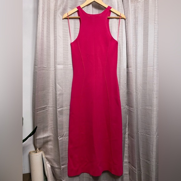 NWT Caroline Constas Knit Pink V Neck Tank Dress Midi Heavy Sheath Slit Barbie - Picture 4 of 6